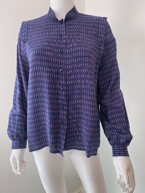 Vintage 1970s Silk Blouse Top Purple Blue Geometric Print Size 6/8